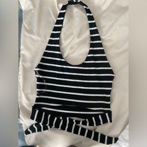 Black and white halter crop top with front tie fits like S